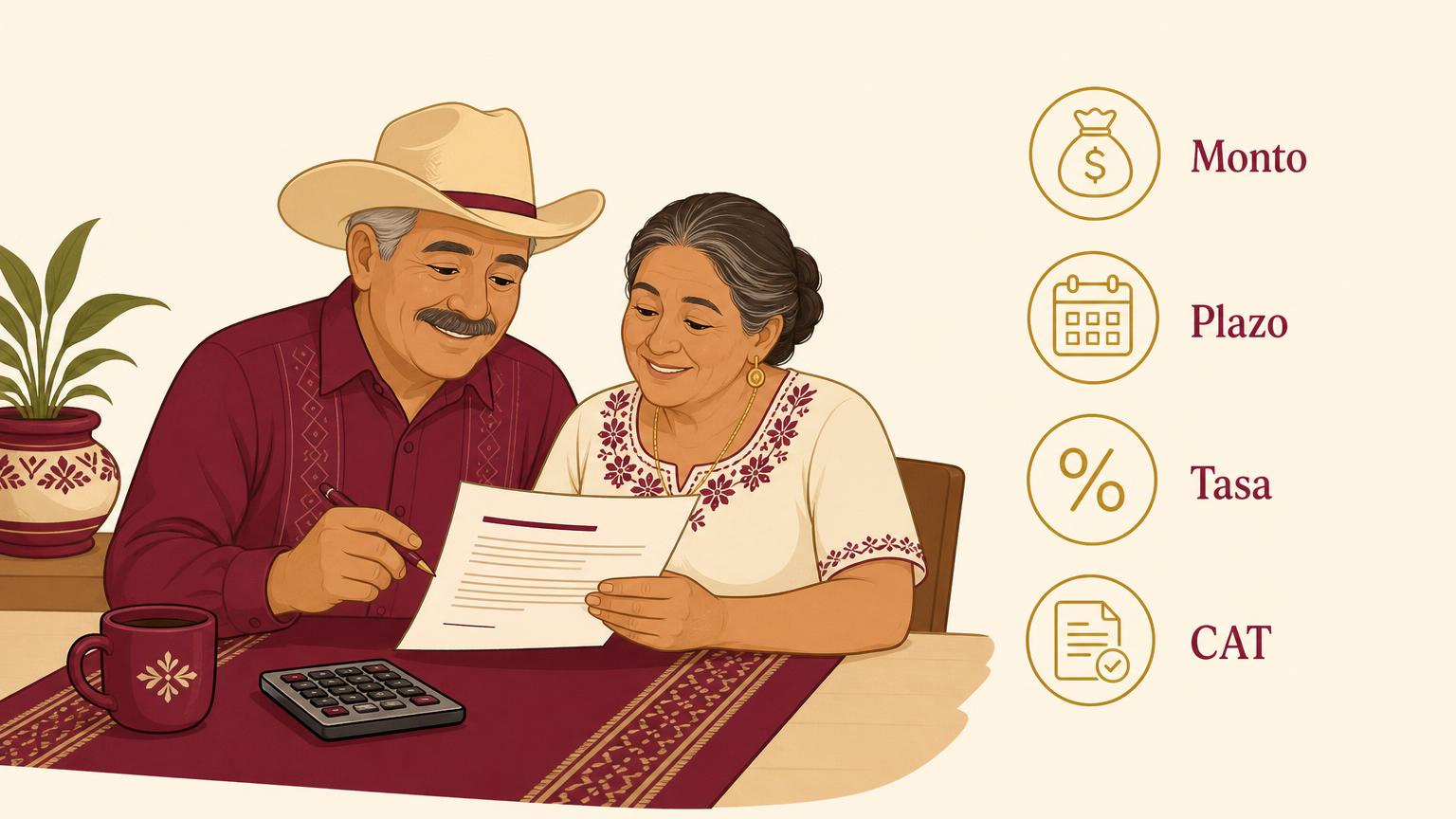 Pareja de pensionados revisando monto, plazo, tasa y CAT de un préstamo del IMSS